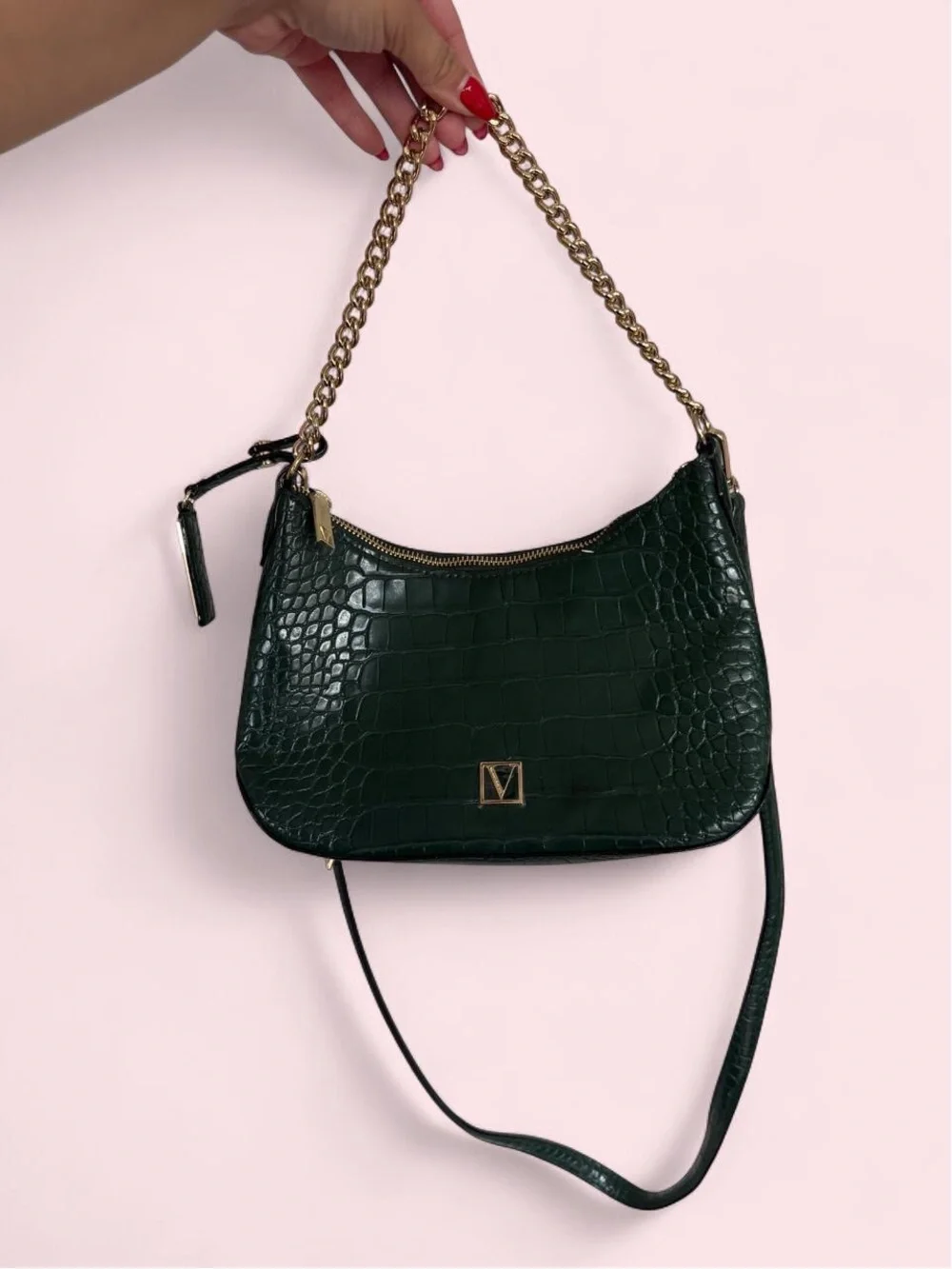 Victoria's Secret Dark Green Croc-Embossed Shoulder Bag with Gold Chain
